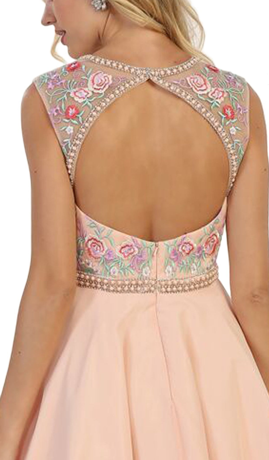 May Queen - MQ1535 Floral Detailed Illusion Jewel A-line Cocktail Dress In Pink