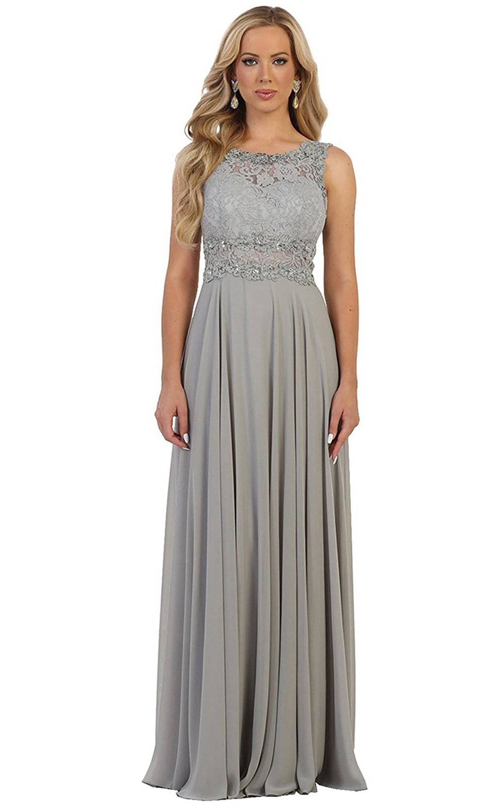 May Queen - Long Sleeveless Scoop Bodice A-Line Dress MQ1539 In Silver