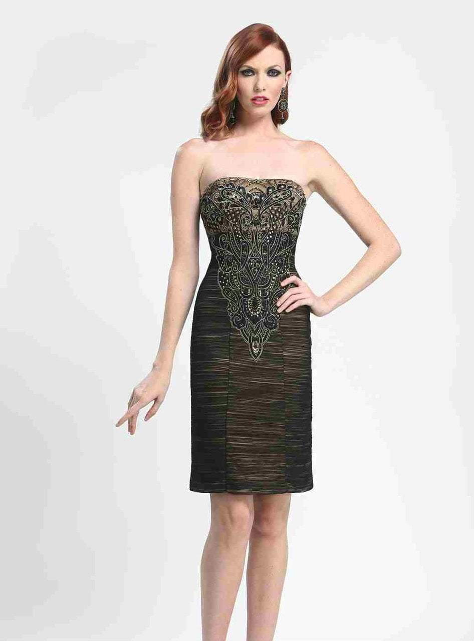 Sue Wong - N4143 Strapless Ruched Mesh Cocktail Dress in Black and Gold