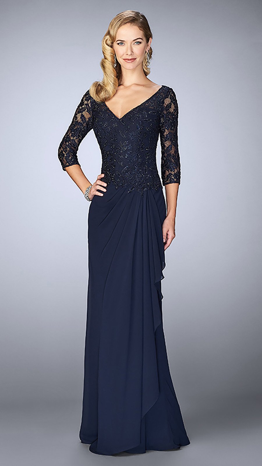 La Femme - 24857SC Beaded V-Neck Draped Sheath Dress
