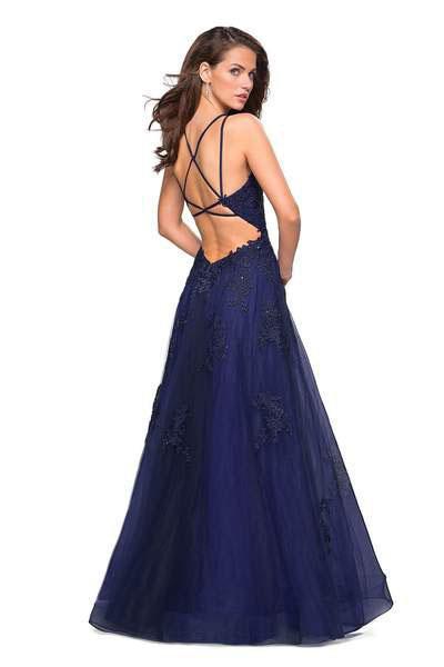 La Femme - 27143 Lace Embroidered Halter A-Line Gown In Blue