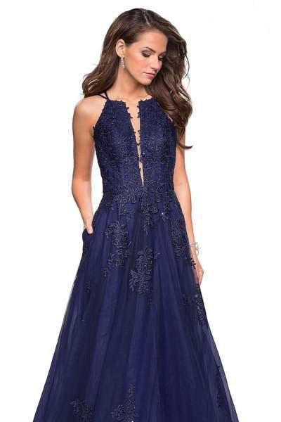 La Femme - 27143 Lace Embroidered Halter A-Line Gown In Blue