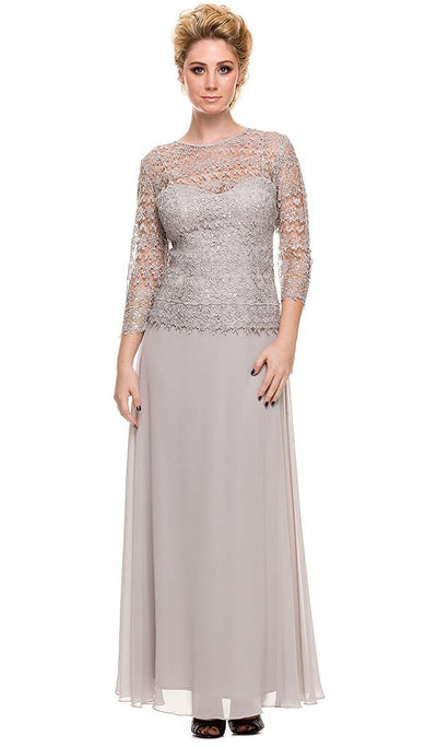 Nox Anabel - 5083 Quarter Sleeves Lace Overlay Top Long Formal Dress Special Occasion Dress M / Silver