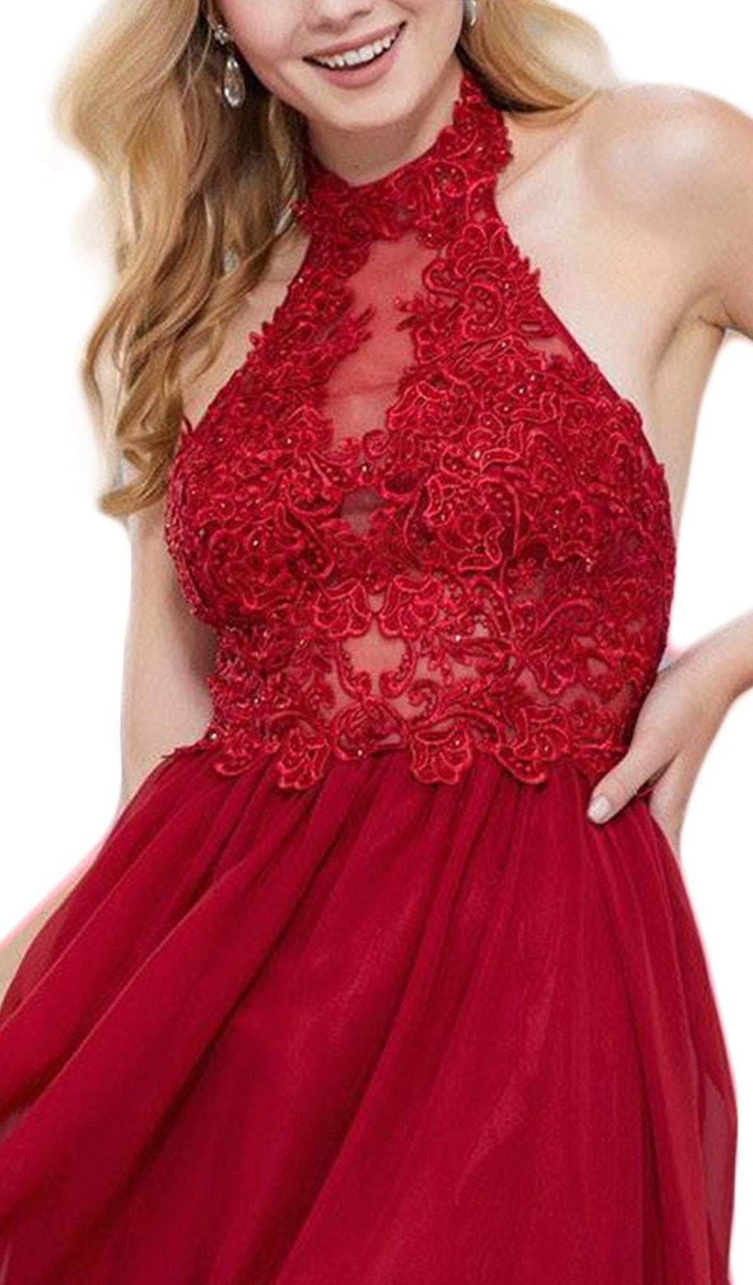 Nox Anabel - 6308 Ornate Lace Appliqued Illusion Halter Dress Special Occasion Dress