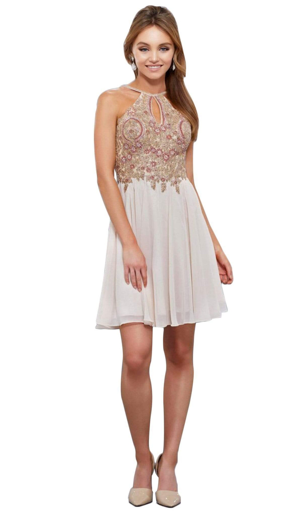 Nox Anabel - 6324 Ornate Lace Cutout Bodice Halter Dress Special Occasion Dress XS / Gold