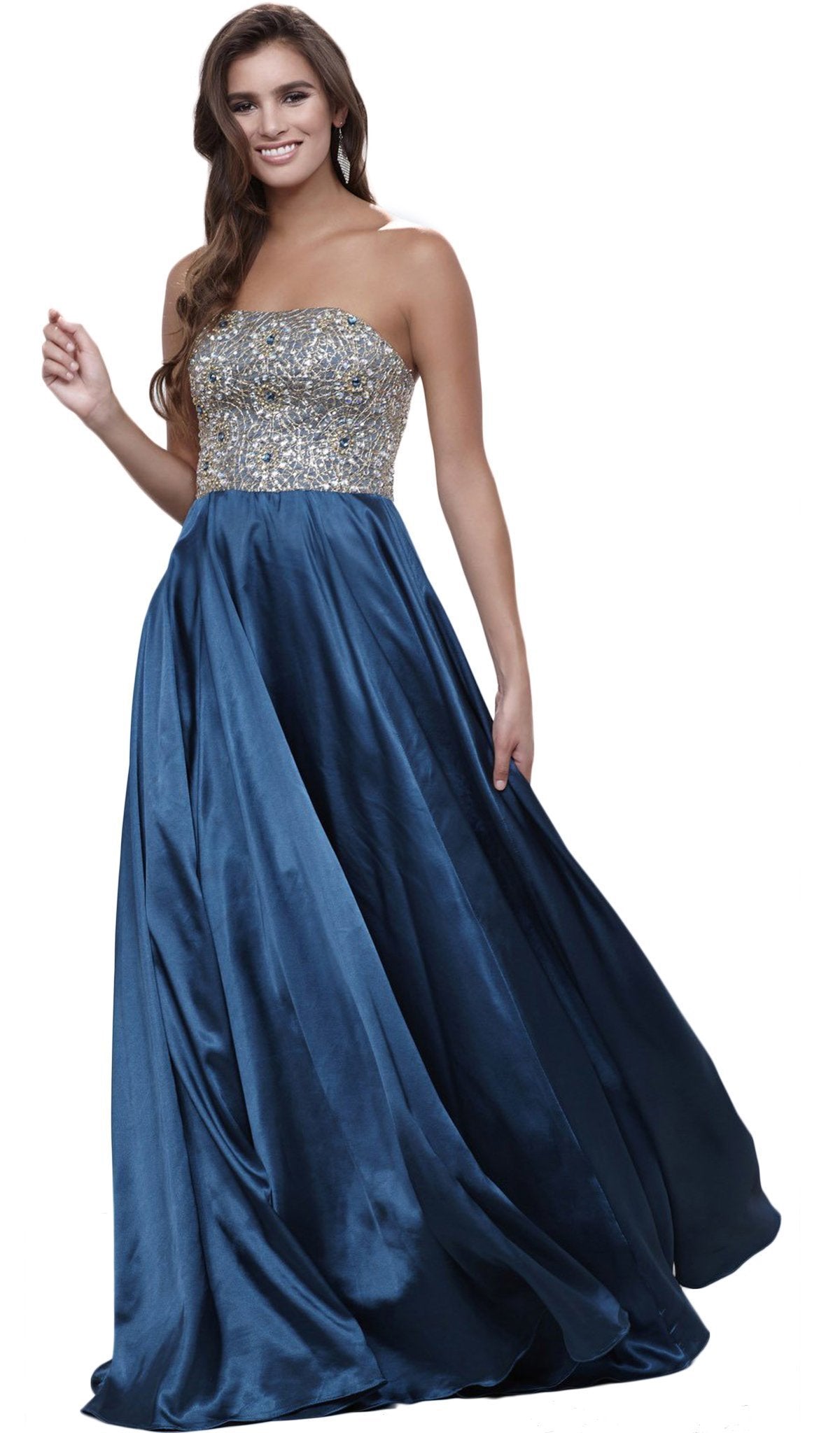 Nox Anabel - 8186 Metallic Embellished Strapless Long Evening Gown Special Occasion Dress XS / Teal