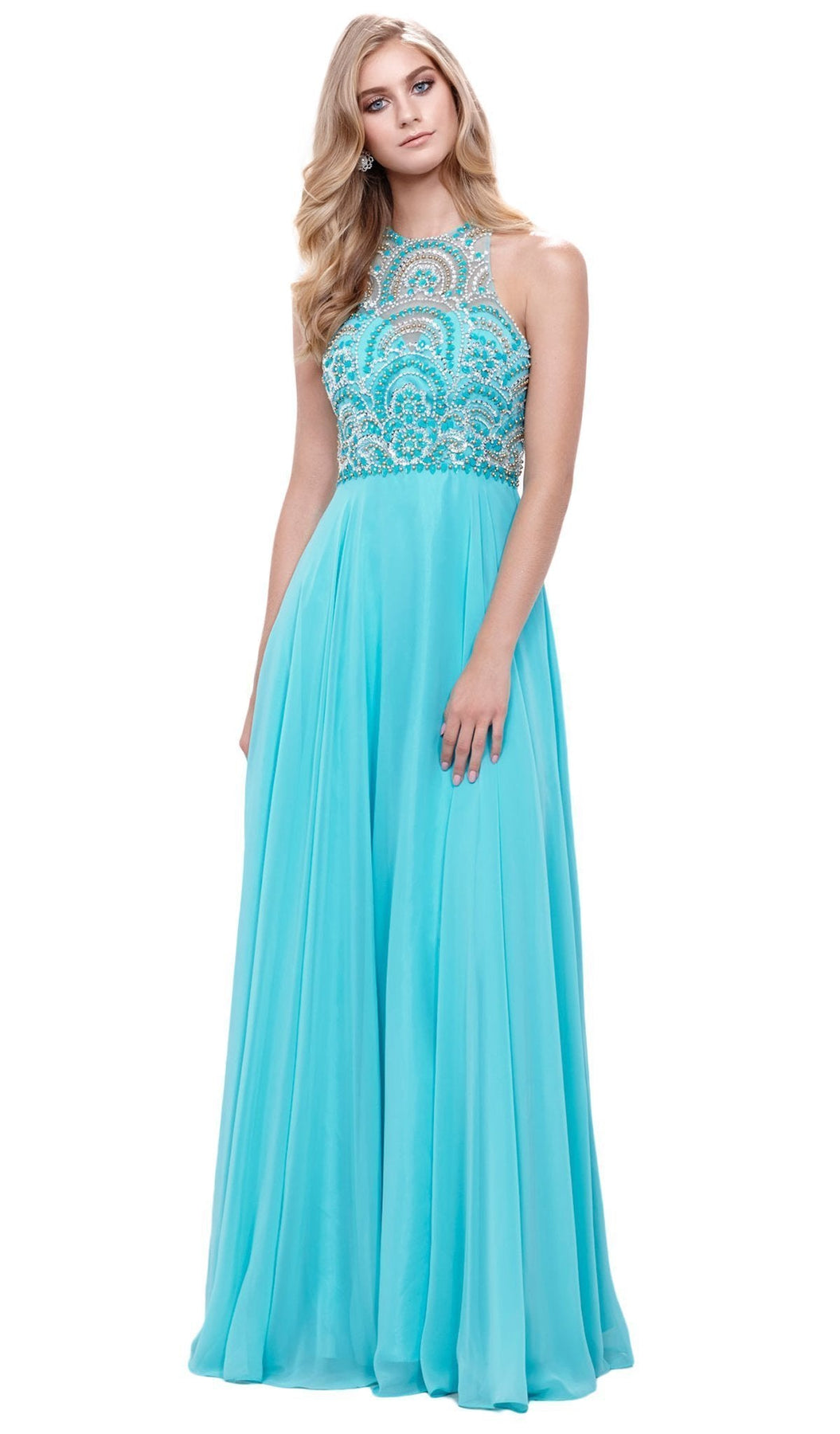 Nox Anabel - 8277 Sleeveless High Neck Beaded Bodice A-line Dress Special Occasion Dress XS / Aqua