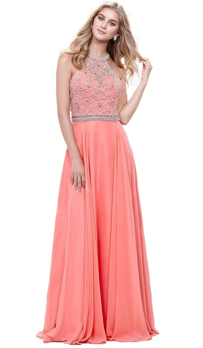 Nox Anabel - 8295 Beaded Illusion Halter A-line Dress Special Occasion Dress XS / Coral