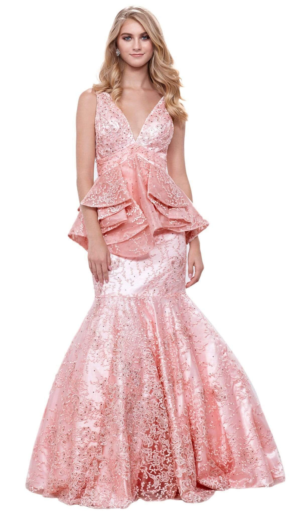 Nox Anabel - 8311 Embellished Sleeveless Ruffled Peplum Evening Gown Special Occasion Dress XS / Bashful Pink