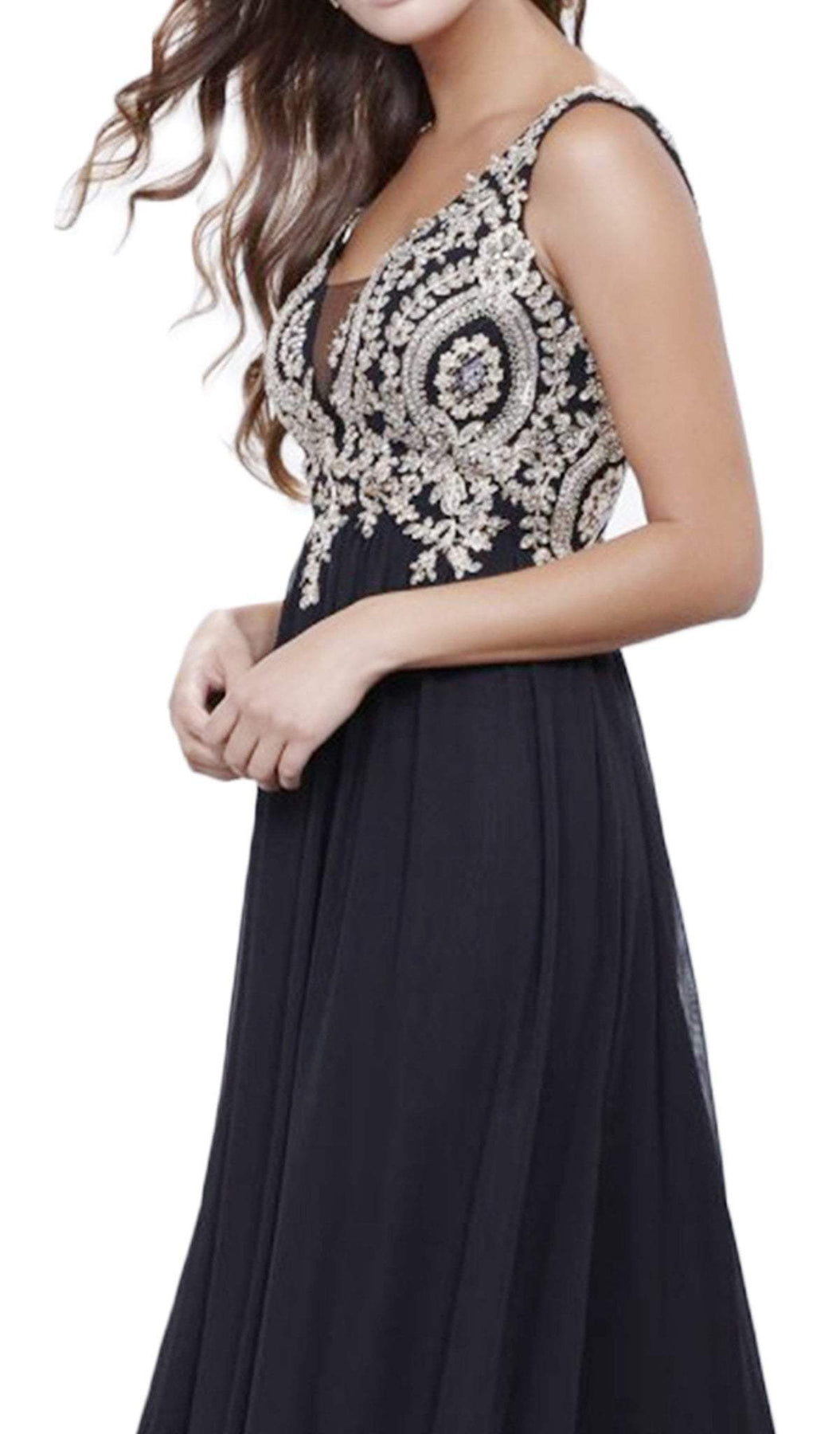 Nox Anabel - 8343 Sleeveless Beaded V Neck Lace Bodice Long Gown Special Occasion Dress 2XL / Black