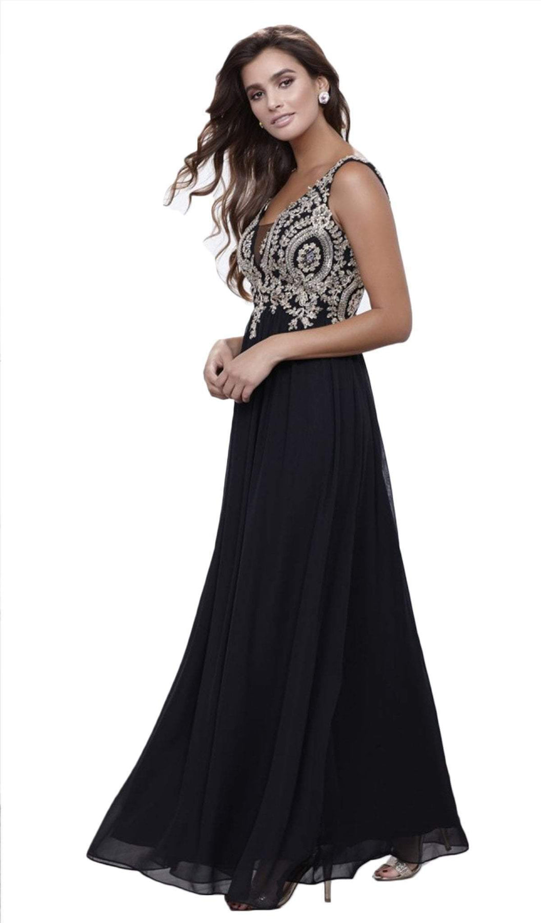 Nox Anabel - 8343 Sleeveless Beaded V Neck Lace Bodice Long Gown Special Occasion Dress