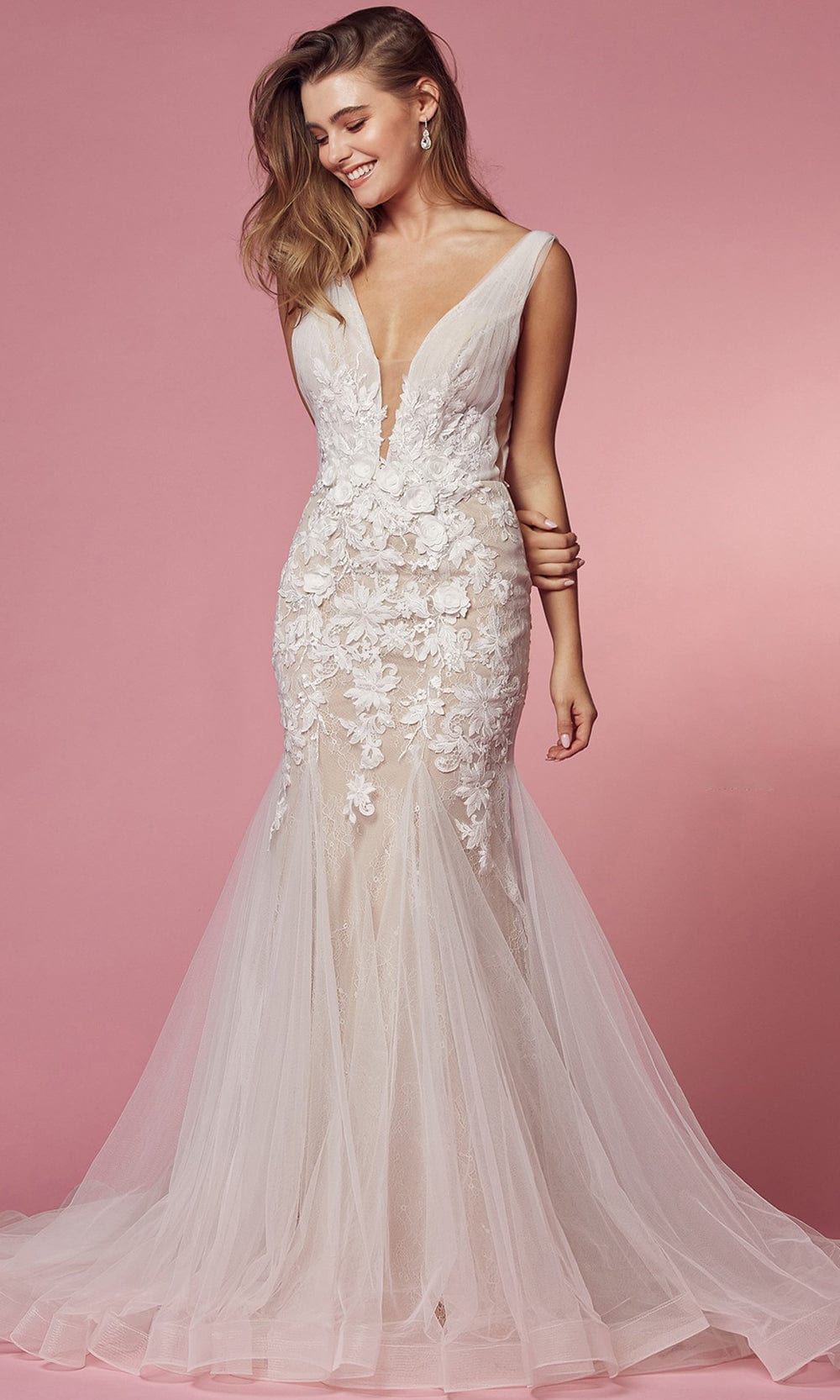 Nox Anabel Bridal JE917 - Plunging V-Neck Bridal Gown Bridal Dresses 2 / White & Nude