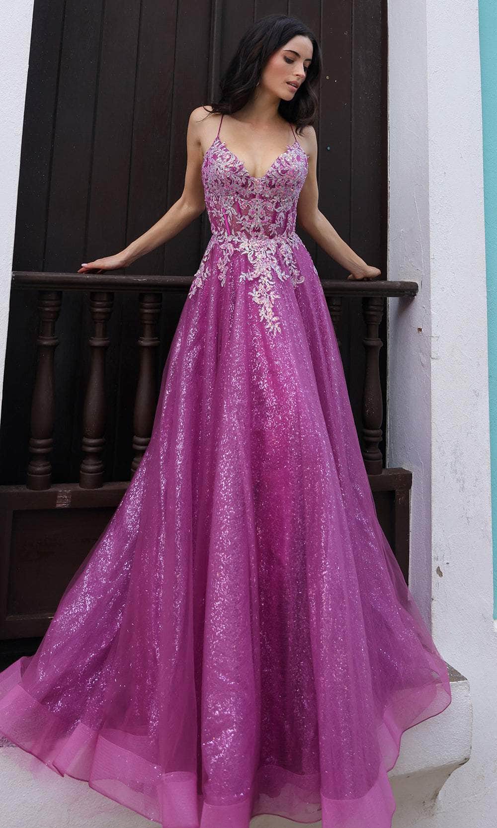 Nox Anabel C1407 - Long A-Line Dress - Sleeveless, Lace Applique, Thin Straps, Corset Bodice, Horsehair Trim ADASA Nox Anabel C1407 - Long A-Line Dress - Sleeveless, Lace Applique, Thin Straps, Corset Bodice, Horsehair Trim ADASA