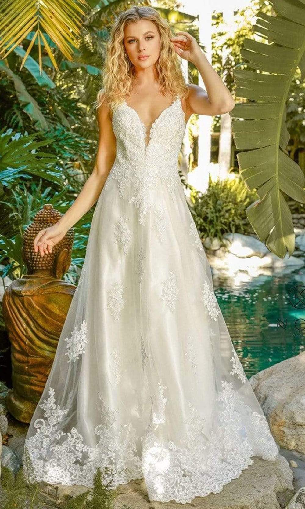 Nox Anabel - C461 Lace Applique Long A-Line Wedding Gown Wedding Dresses