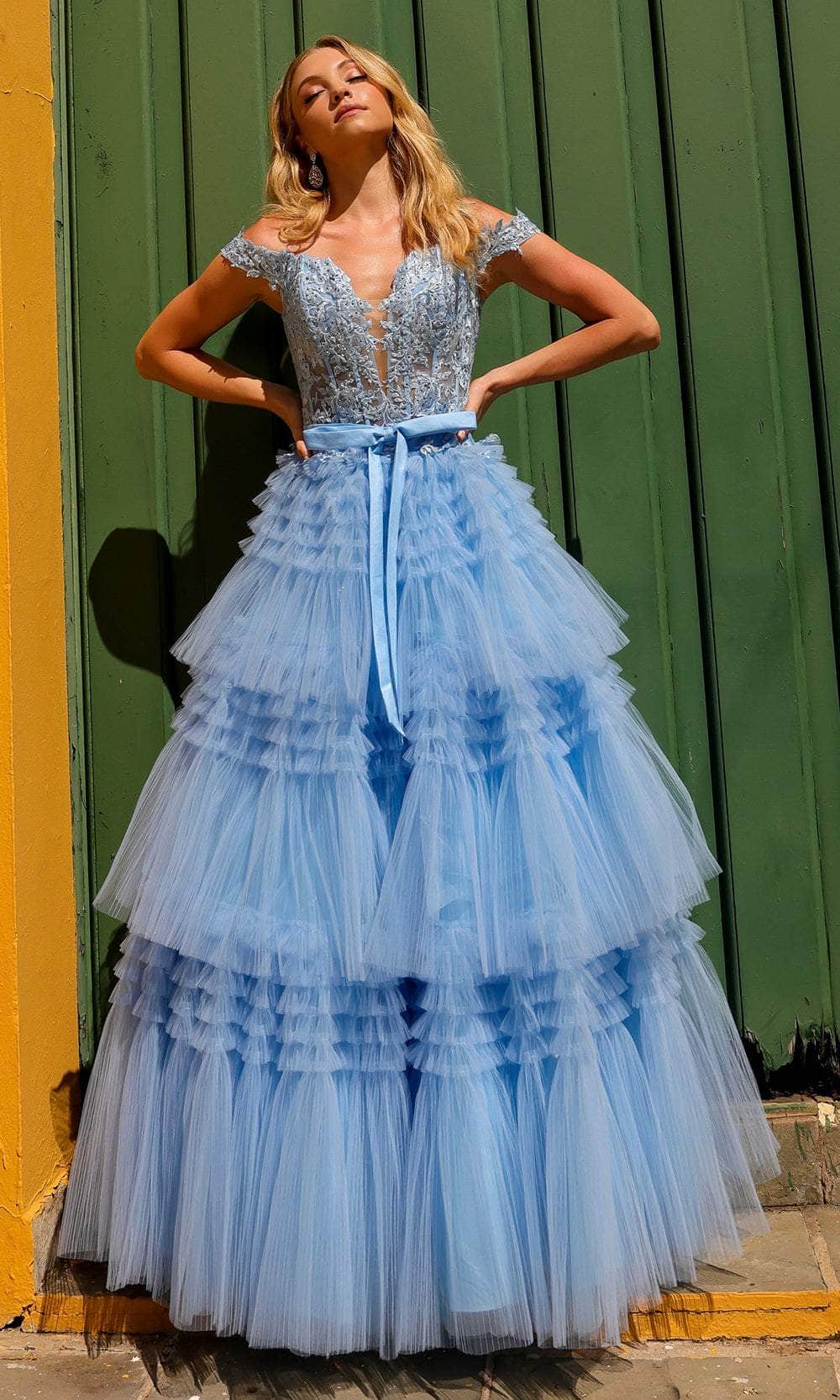 Nox Anabel E1293 - Long A-Line Dress - Sheer Corset Bodice, Lace Appliques, Rhinestones, Off Shoulder Straps, Sheer Ornate Back, Bow Accented Waistband, Tiered Skirt, Sweep Train ADASA Nox Anabel E1293 - Long A-Line Dress - Sheer Corset Bodice, Lace Appliques, Rhinestones, Off Shoulder Straps, Sheer Ornate Back, Bow Accented Waistband, Tiered Skirt, Sweep Train ADASA