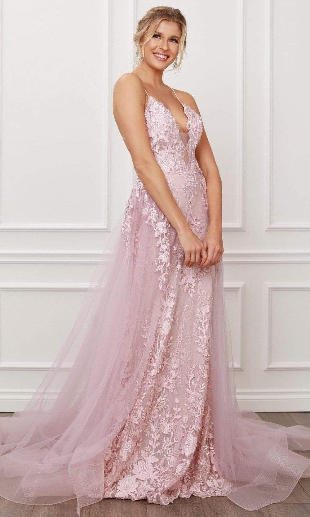 Nox Anabel - F485 Beaded Lace Deep V Neck Trumpet Dress Evening Dresses 2 / Blush