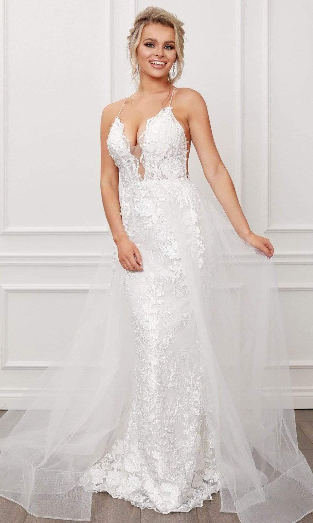 Nox Anabel - F485 Beaded Lace Deep V Neck Trumpet Dress Evening Dresses 2 / White