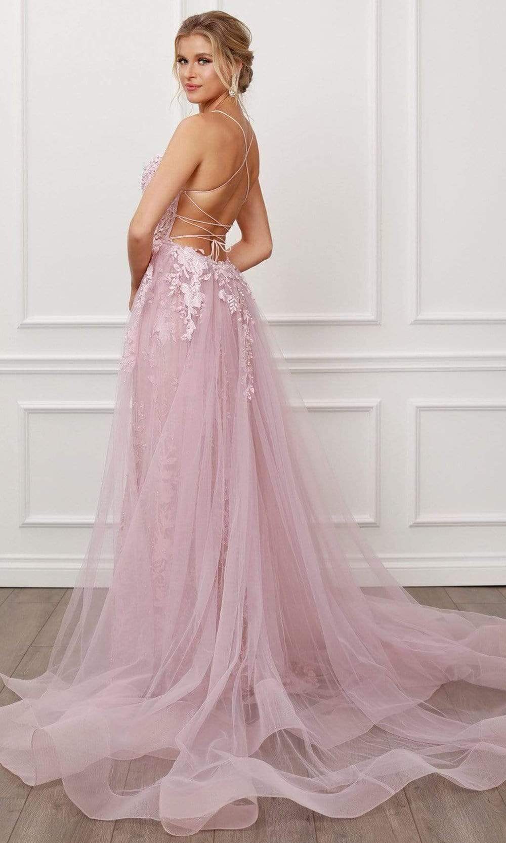Nox Anabel - F485 Beaded Lace Deep V Neck Trumpet Dress Evening Dresses