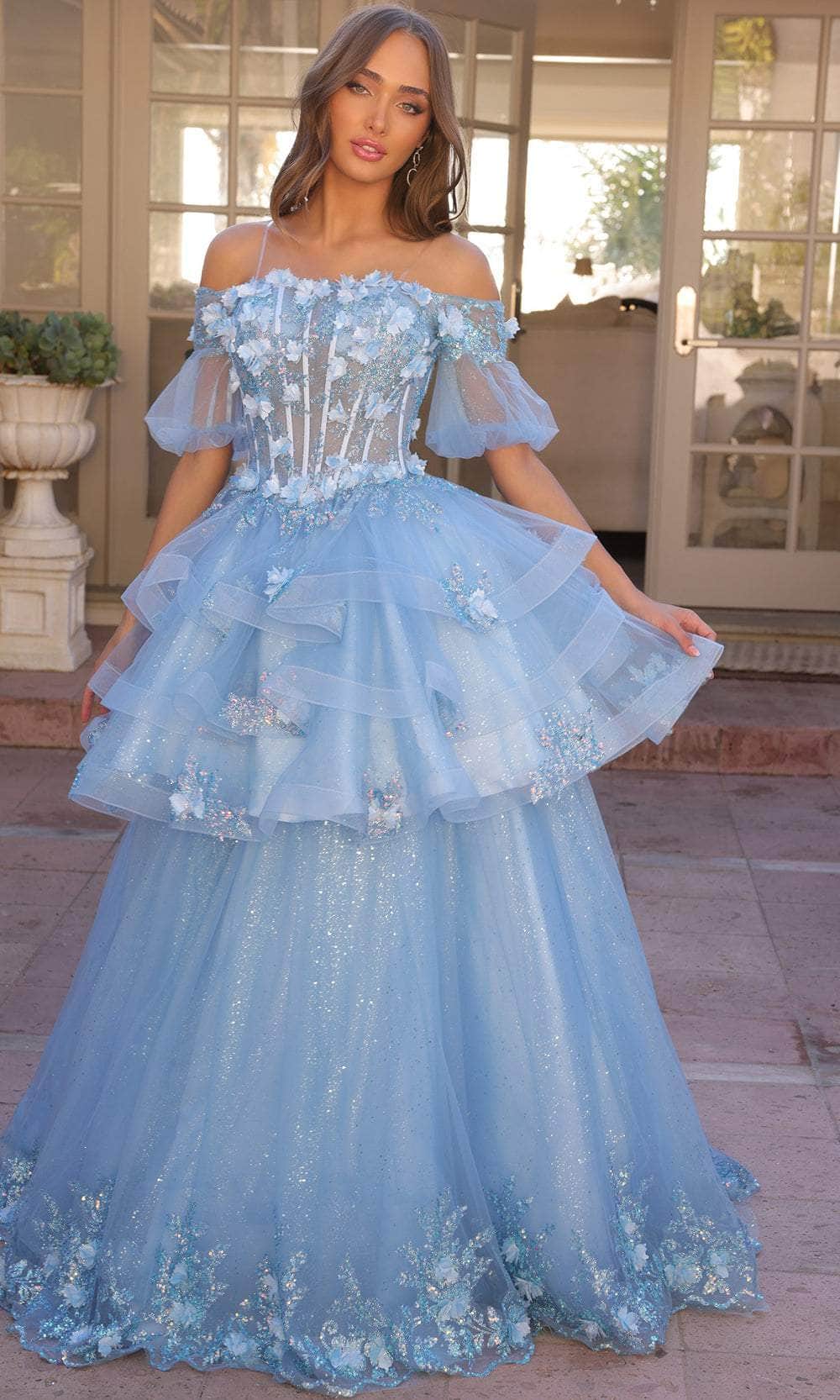Nox Anabel H1360 - Off Shoulder Ruffle Evening Dress Special Occasion Dress 2 / French Blue