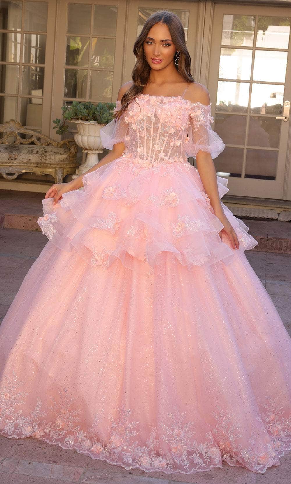 Nox Anabel H1360 - Off Shoulder Ruffle Evening Dress Special Occasion Dress 4 / Blush