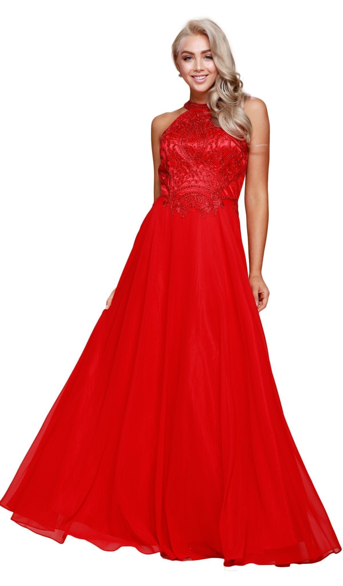Nox Anabel - J117 Embroidered Halter Chiffon A-line Dress Special Occasion Dress XS / Red