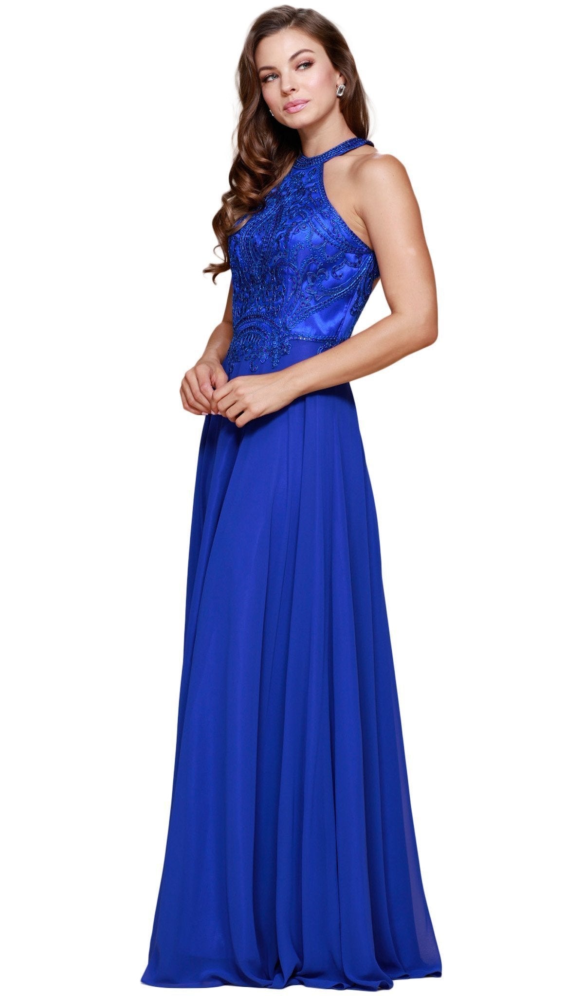 Nox Anabel - J117 Embroidered Halter Chiffon A-line Dress Special Occasion Dress XS / Royal