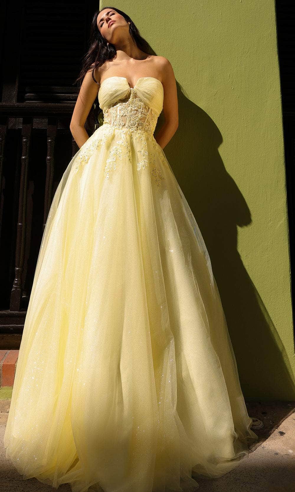 Nox Anabel T1326 - Long A-Line Dress - Strapless, Sheer Corset Bodice, Lace Applique, Beaded, Ruched, Mid-Open Back, Floor Length ADASA Nox Anabel T1326 - Long A-Line Dress - Strapless, Sheer Corset Bodice, Lace Applique, Beaded, Ruched, Mid-Open Back, Floor Length ADASA