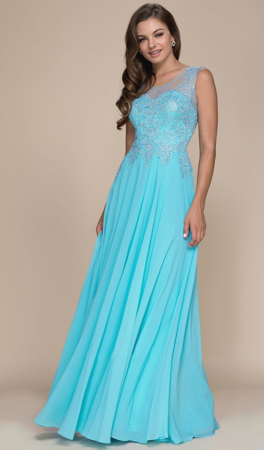 Nox Anabel - Y100 Gilded Illusion Scoop Chiffon A-line Dress Special Occasion Dress XS / Aqua