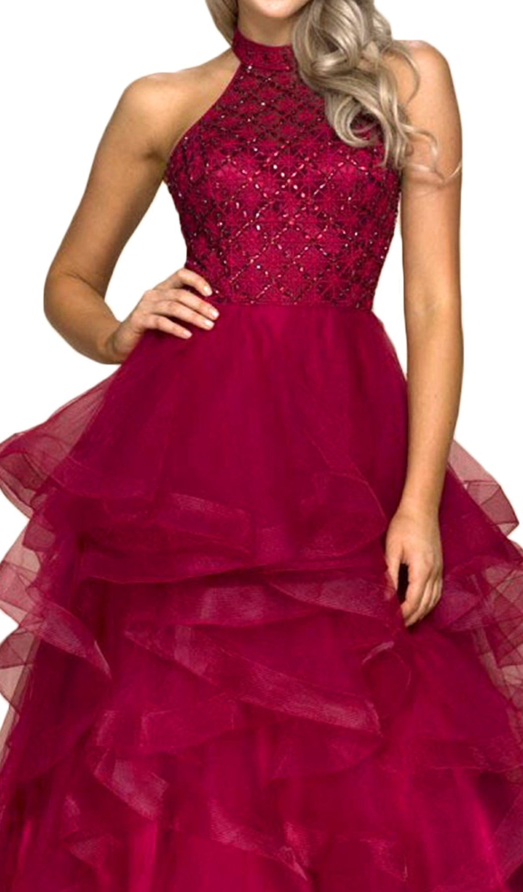 Nox Anabel - A065SC Lattice Beaded High Halter Tiered Tulle Ballgown