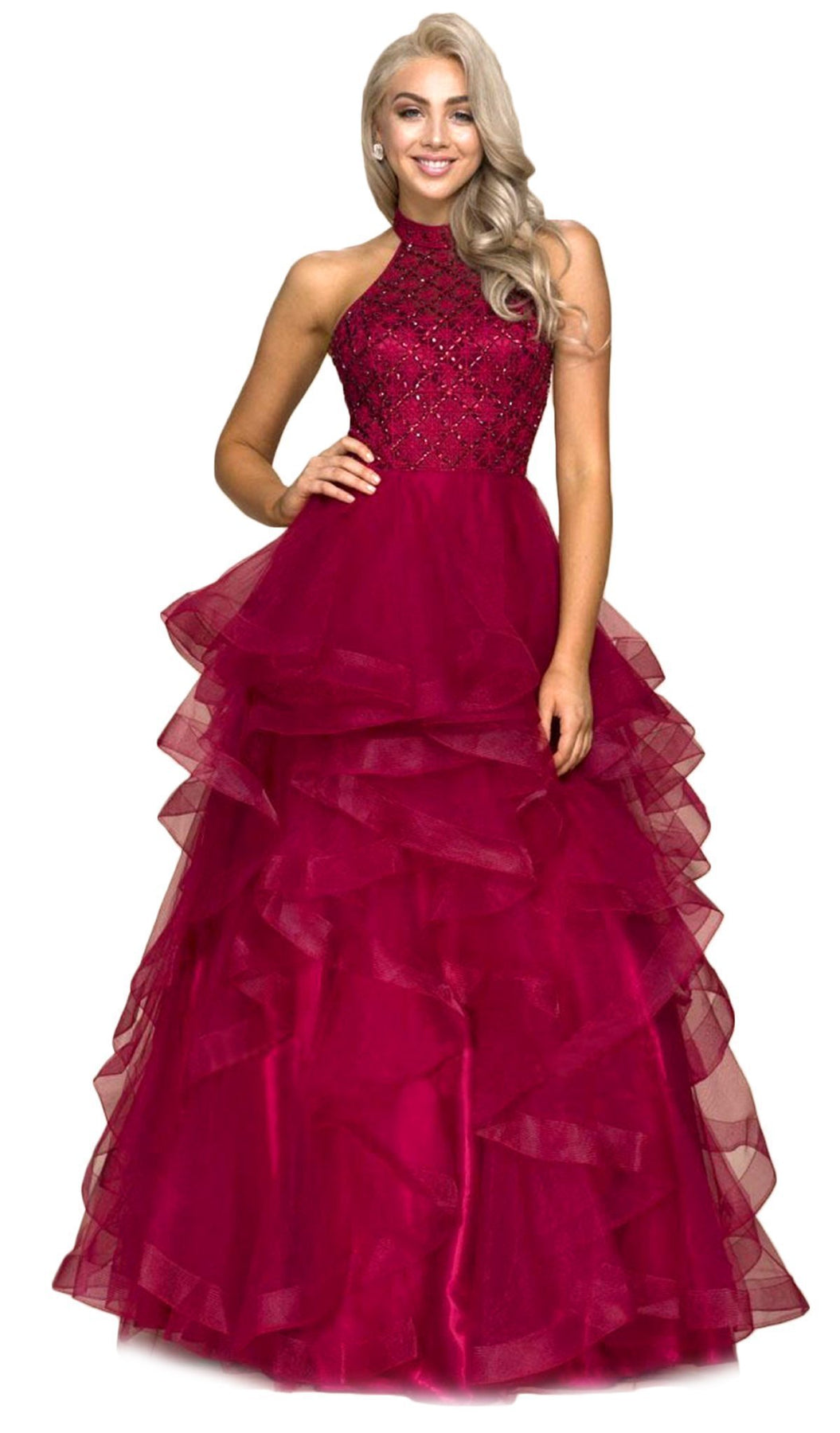 Nox Anabel - A065SC Lattice Beaded High Halter Tiered Tulle Ballgown