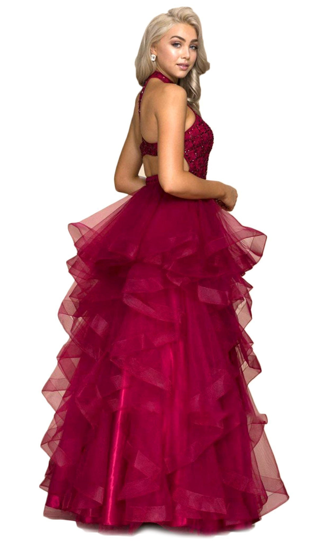 Nox Anabel - A065SC Lattice Beaded High Halter Tiered Tulle Ballgown