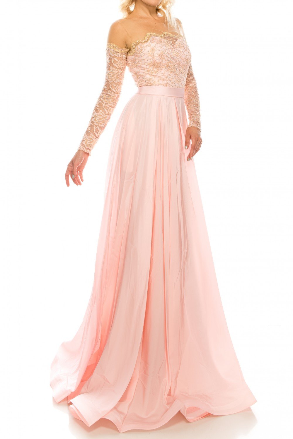 Odrella - 4514 Illusion Off Shoulder Long Sleeve A-Line Gown In Pink