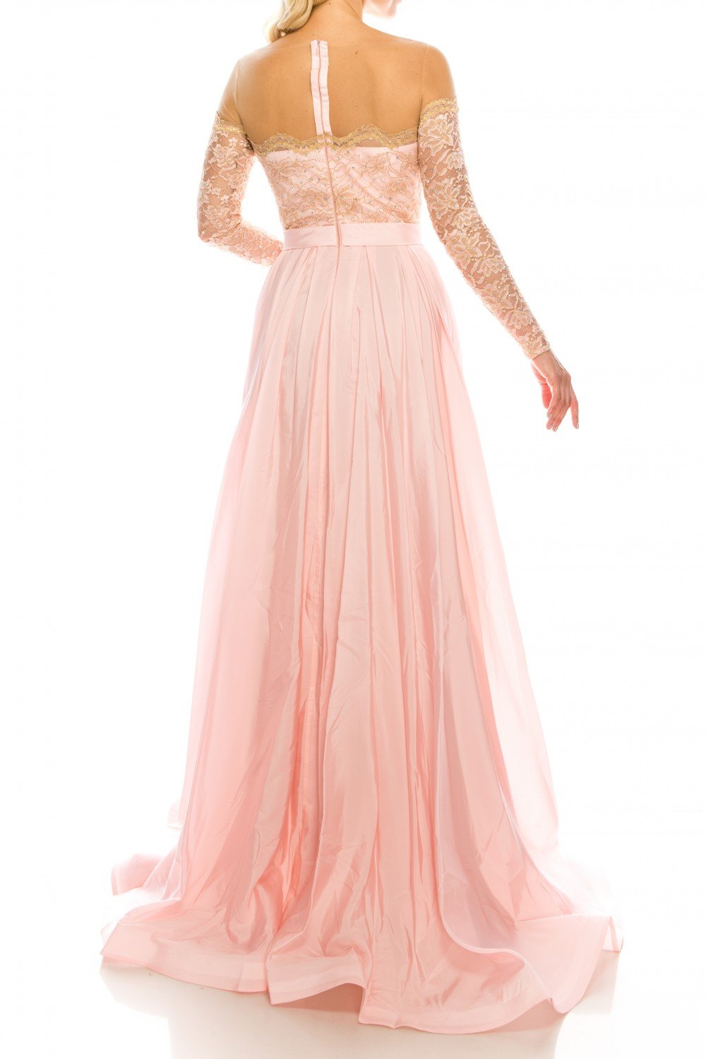 Odrella - 4514 Illusion Off Shoulder Long Sleeve A-Line Gown In Pink