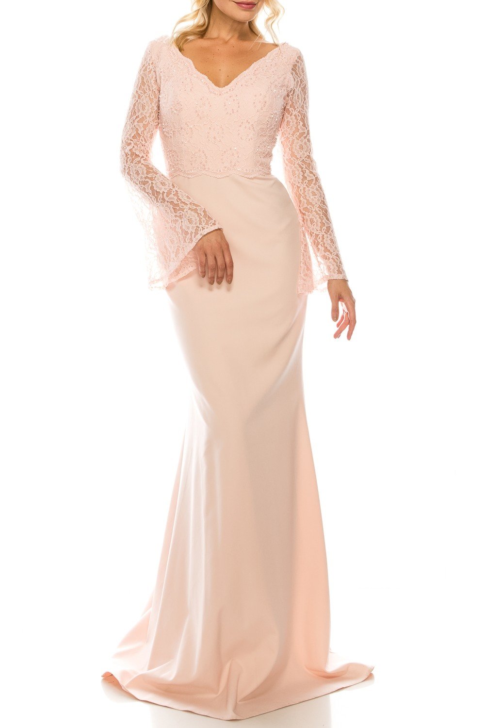 Odrella - 4619B Long Sleeve Beaded Lace Trumpet Gown In Pink