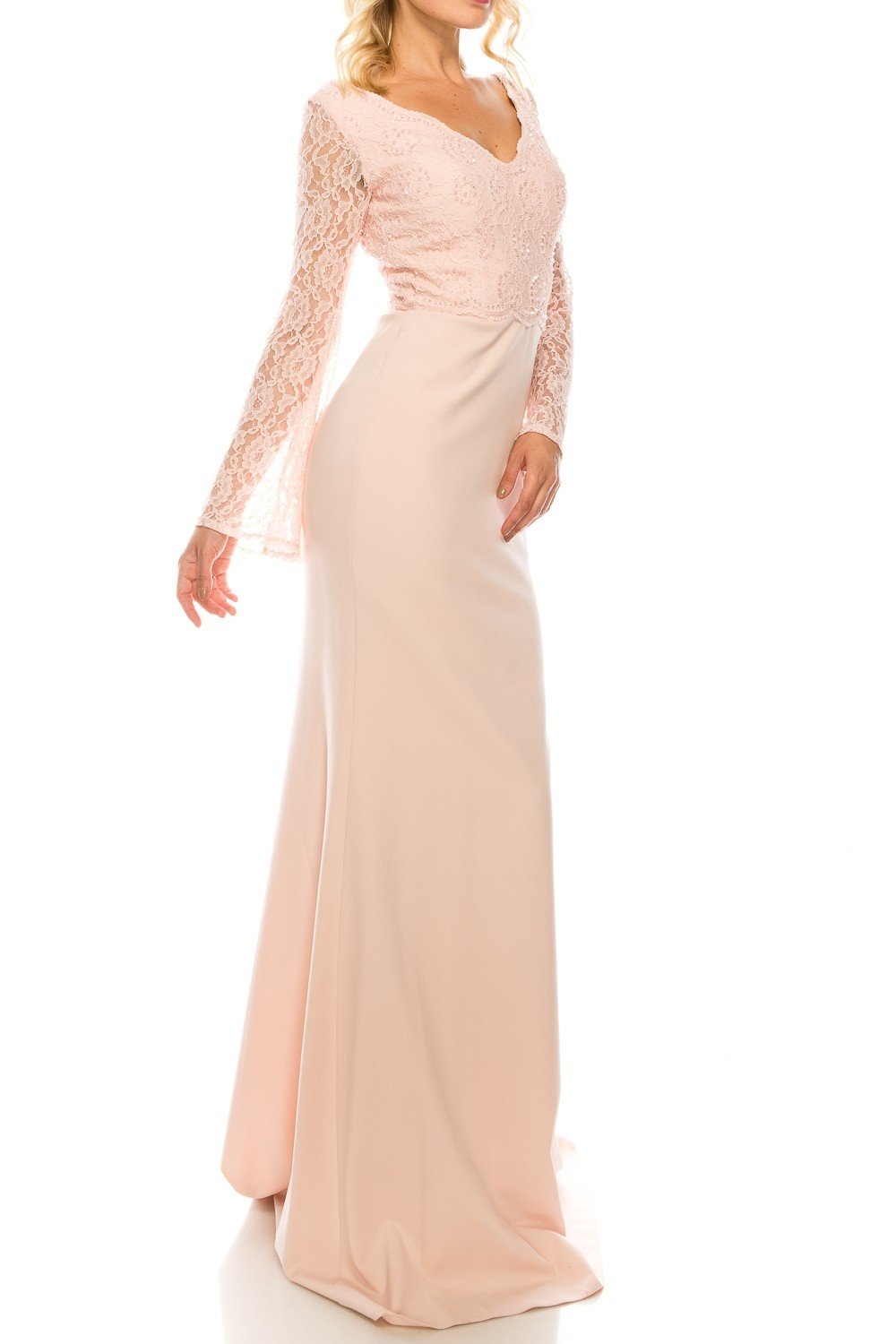 Odrella - 4619B Long Sleeve Beaded Lace Trumpet Gown In Pink
