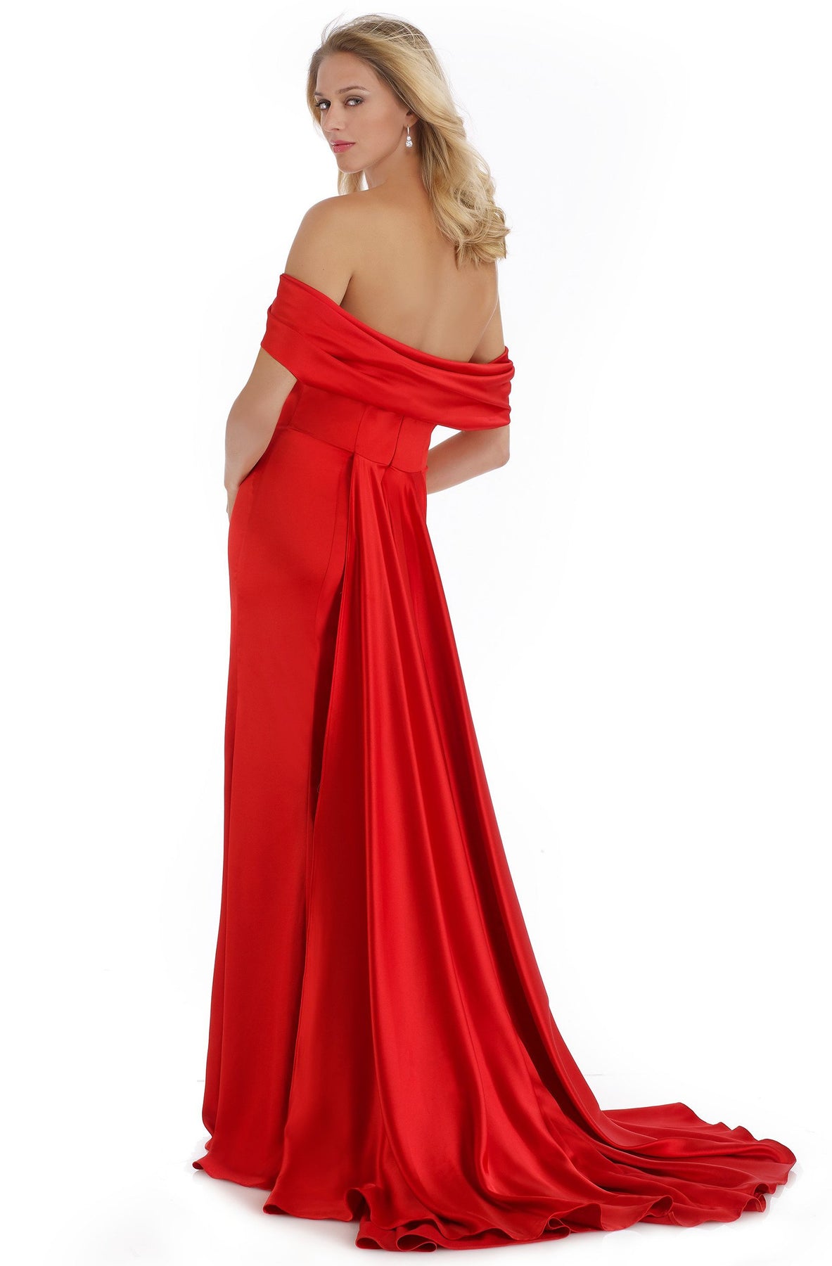 Morrell Maxie - 16014 Off-Shoulder Satin Charmeuse Trumpet Dress in Red