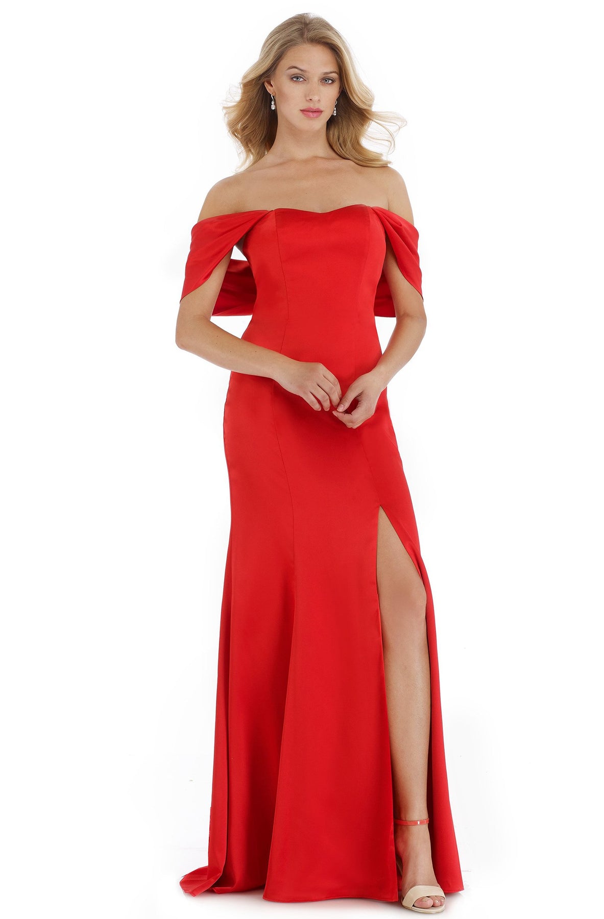 Morrell Maxie - 16014 Off-Shoulder Satin Charmeuse Trumpet Dress in Red