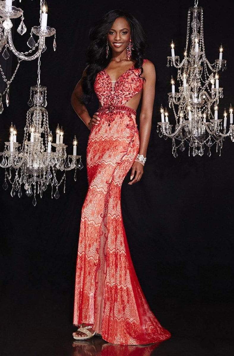 Panoply - 14754 Ravishing Bejeweled V-Neck Laced Dress Special Occasion Dress 0 / Red/Nude