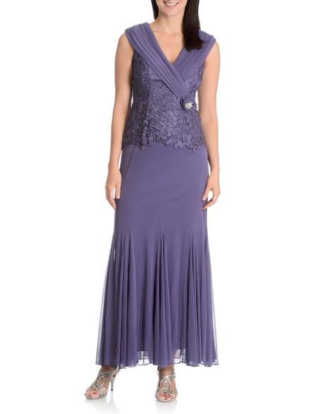 Patra 12678 - Long Crochet Lace And Jersey Sheath Dress - Sleeveless, Brooch, Sheath Skirt, Back Zipper ADASA Patra 12678 - Long Crochet Lace And Jersey Sheath Dress - Sleeveless, Brooch, Sheath Skirt, Back Zipper ADASA