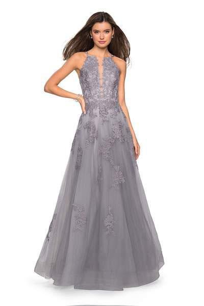 La Femme - 27143 Lace Embroidered Halter A-Line Gown In Gray
