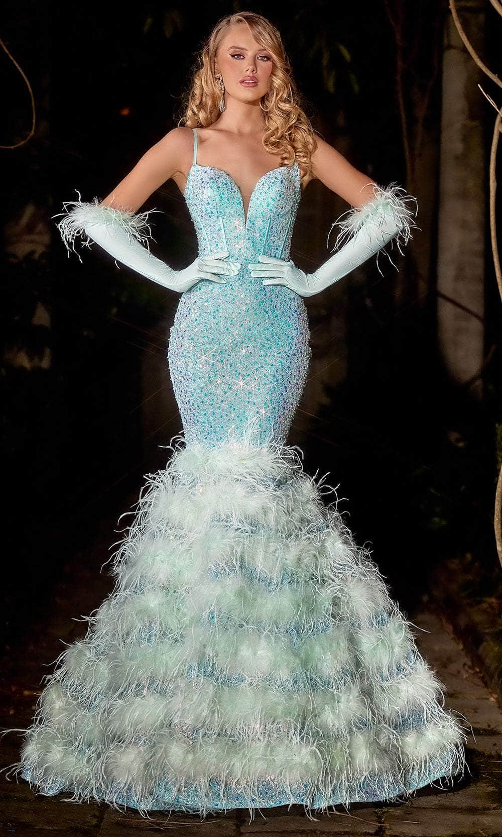 Portia and Scarlett Ps24037 - Long Trumpet Dress - Spaghetti Straps, Corset Boning, Allover Sequins, Midrise Back, Concealed Zipper Closure, Feathered Flare, Sweep Train, Feathered Cuff Glove ADASA Portia and Scarlett Ps24037 - Long Trumpet Dress - Spaghetti Straps, Corset Boning, Allover Sequins, Midrise Back, Concealed Zipper Closure, Feathered Flare, Sweep Train, Feathered Cuff Glove ADASA