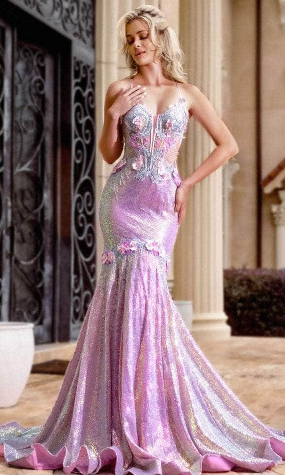Portia and Scarlett Ps24250 - Long Trumpet Dress - Spaghetti Strap, Illusion Corset Bodice, 3D Floral Applique, Sequin, Beaded, Crisscross Open Back, Horsehair Hem, Sweep Train ADASA Portia and Scarlett Ps24250 - Long Trumpet Dress - Spaghetti Strap, Illusion Corset Bodice, 3D Floral Applique, Sequin, Beaded, Crisscross Open Back, Horsehair Hem, Sweep Train ADASA
