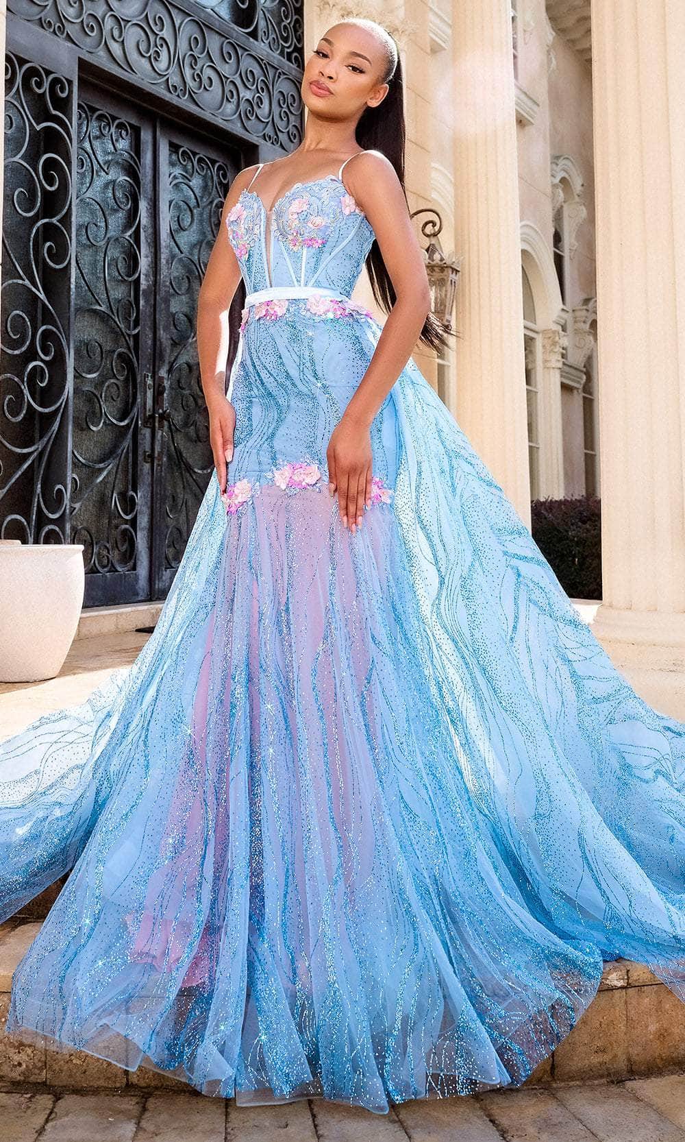 Portia and Scarlett Ps24251 - Long Trumpet/A-Line Dress - Sleeveless, Thin Strap, Corset Boning Bodice, 3D Floral Appliques, Beaded, Mid-Open Back, Overskirt, Sweep Train ADASA Portia and Scarlett Ps24251 - Long Trumpet/A-Line Dress - Sleeveless, Thin Strap, Corset Boning Bodice, 3D Floral Appliques, Beaded, Mid-Open Back, Overskirt, Sweep Train ADASA