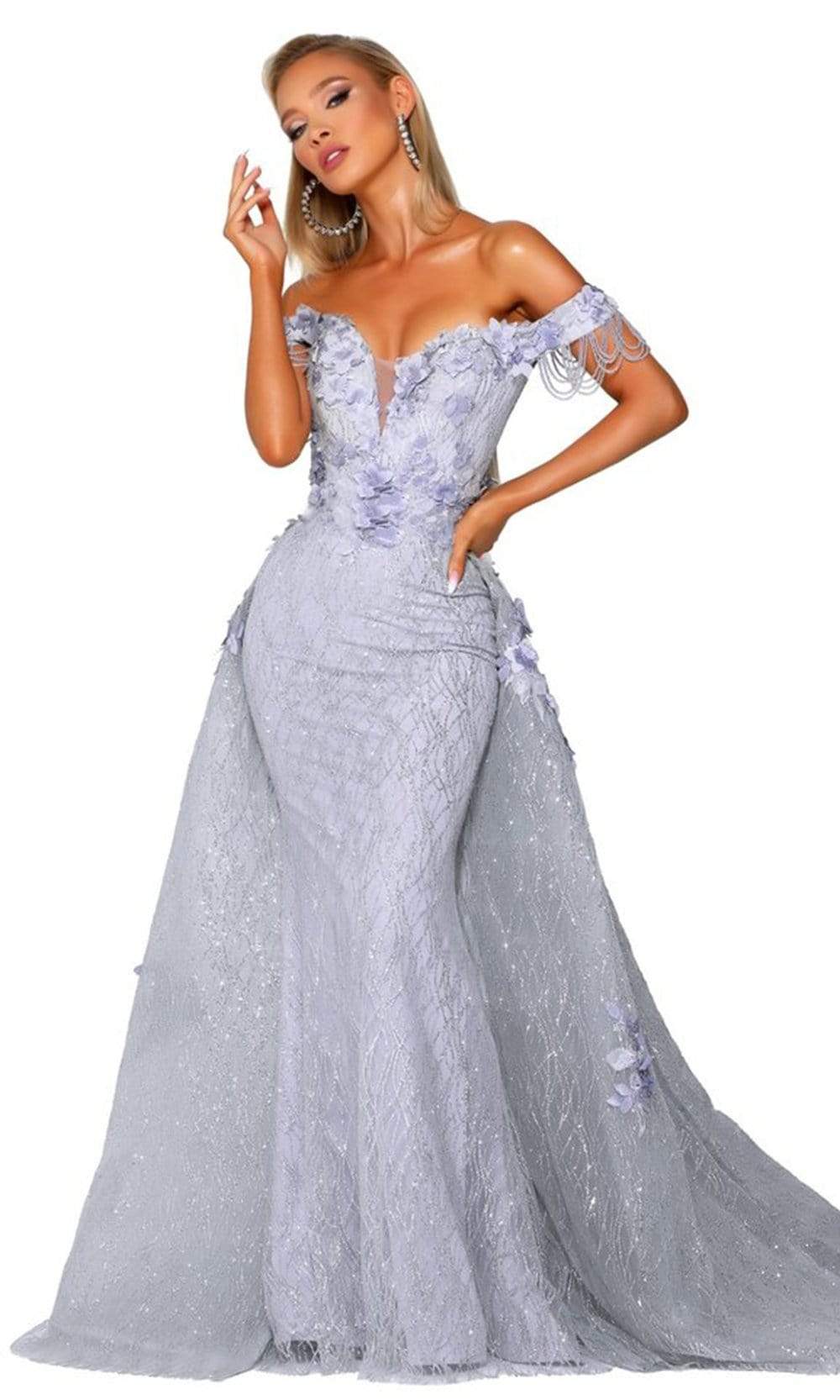 Portia and Scarlett Ps6001S - Long Sequins And Glitter Mermaid Dress - Sheer Plunging Neckline, Drape Sleeves, Fit And Flare, Hidden Back Zipper, Sweep Train, Detachable Overskirt, Main Fabric: Sequins And Glitter Portia and Scarlett Ps6001S - Long Sequins And Glitter Mermaid Dress - Sheer Plunging Neckline, Drape Sleeves, Fit And Flare, Hidden Back Zipper, Sweep Train, Detachable Overskirt, Main Fabric: Sequins And Glitter