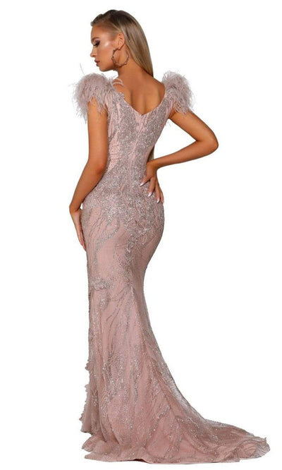Portia and Scarlett - PS6072 V Neck Glitter Lace Feather Accent Gown Prom Dresses