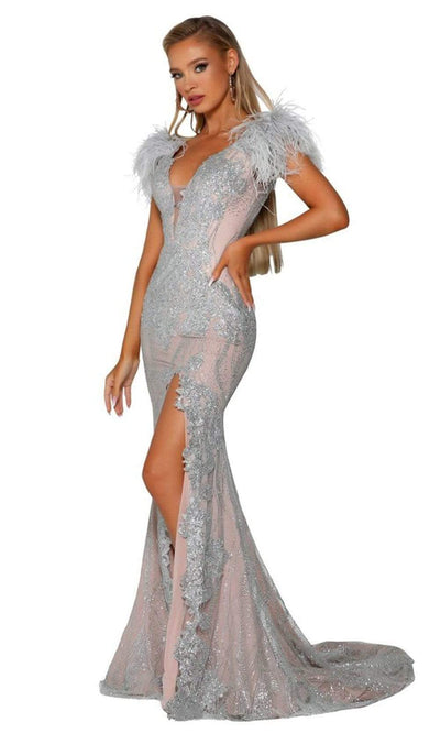 Portia and Scarlett - PS6072 V Neck Glitter Lace Feather Accent Gown Prom Dresses