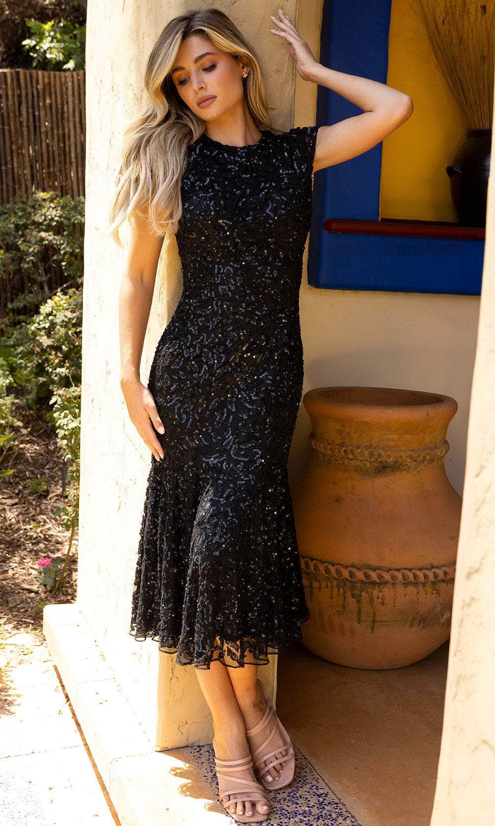 Primavera Couture 11074 - Sequined Cap Sleeve Evening Dress Special Occasion Dress 2 / Black