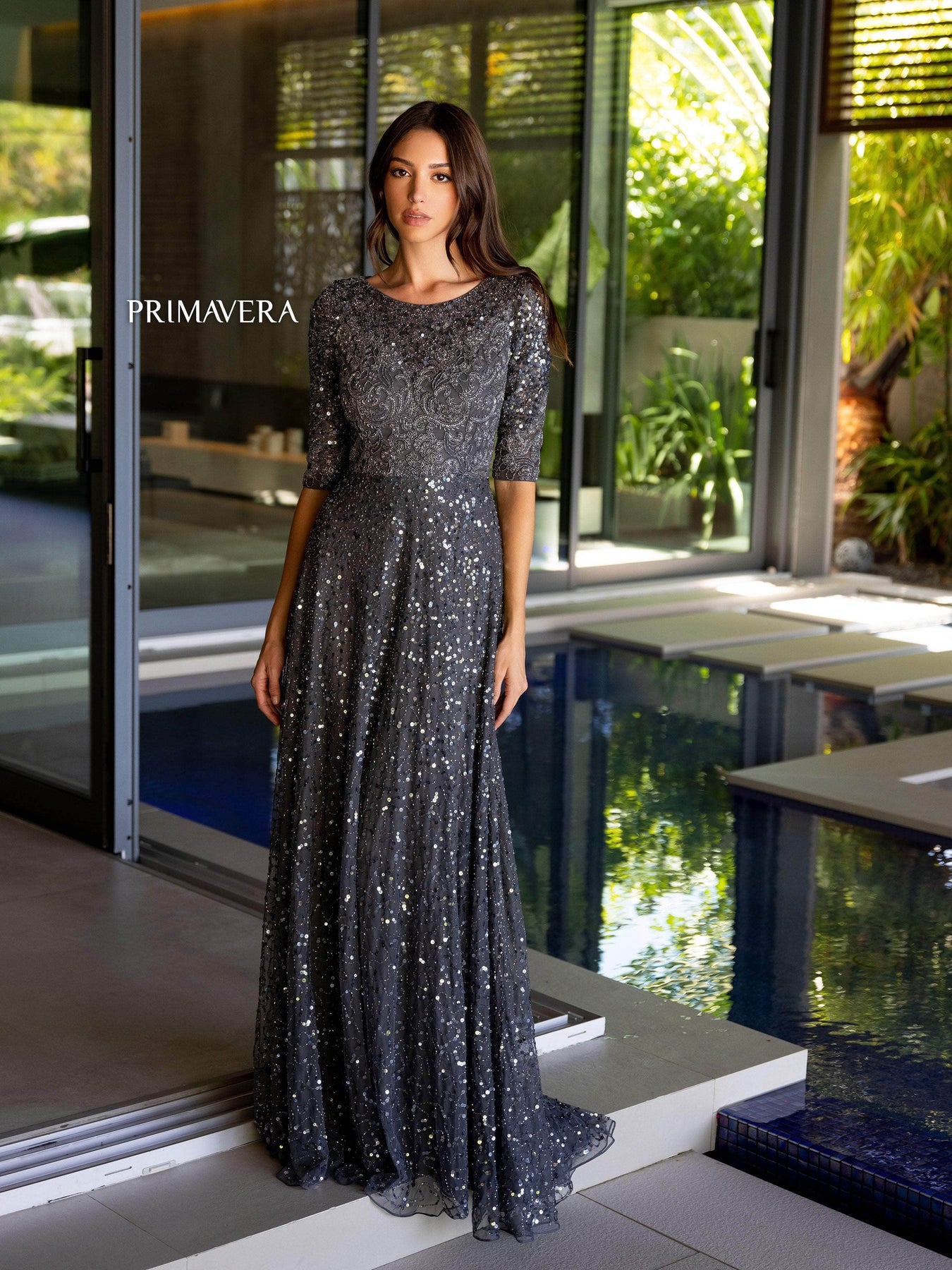 Primavera Couture 13115 - Elbow Sleeve Beaded Prom Gown Special Occasion Dress