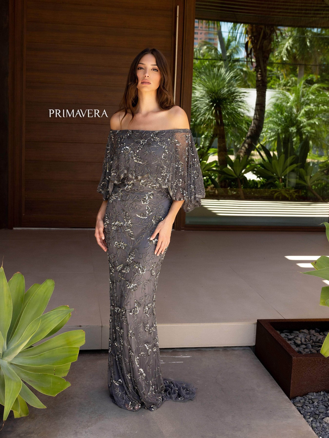 Primavera Couture 13123 - Cape Sleeve Beaded Prom Gown Special Occasion Dress