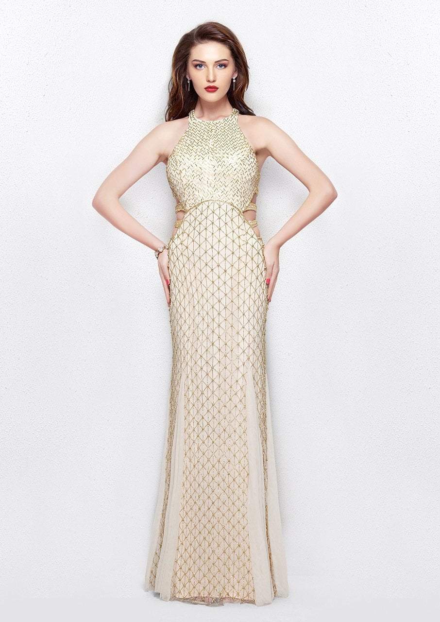 Primavera Couture - 3035 Halter Embellished Strappy Back Evening Gown Special Occasion Dress 0 / Gold